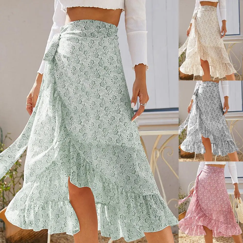 

Skirts Sweet Breathable Summer Large Hem Textile-printing Slit Design Long Skirts for Date