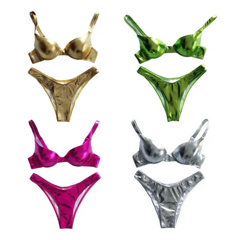 

Bikini Reflective Shiny Metallic Swimsuit Push Up Underwire Beachwear