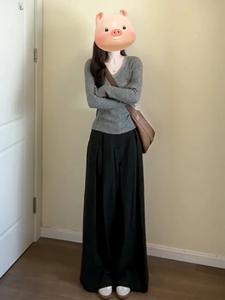 Gray V-neck Knit Sweater Women 2024 New Early Autumn Chic Beautiful Slim fit Long sleeve Top