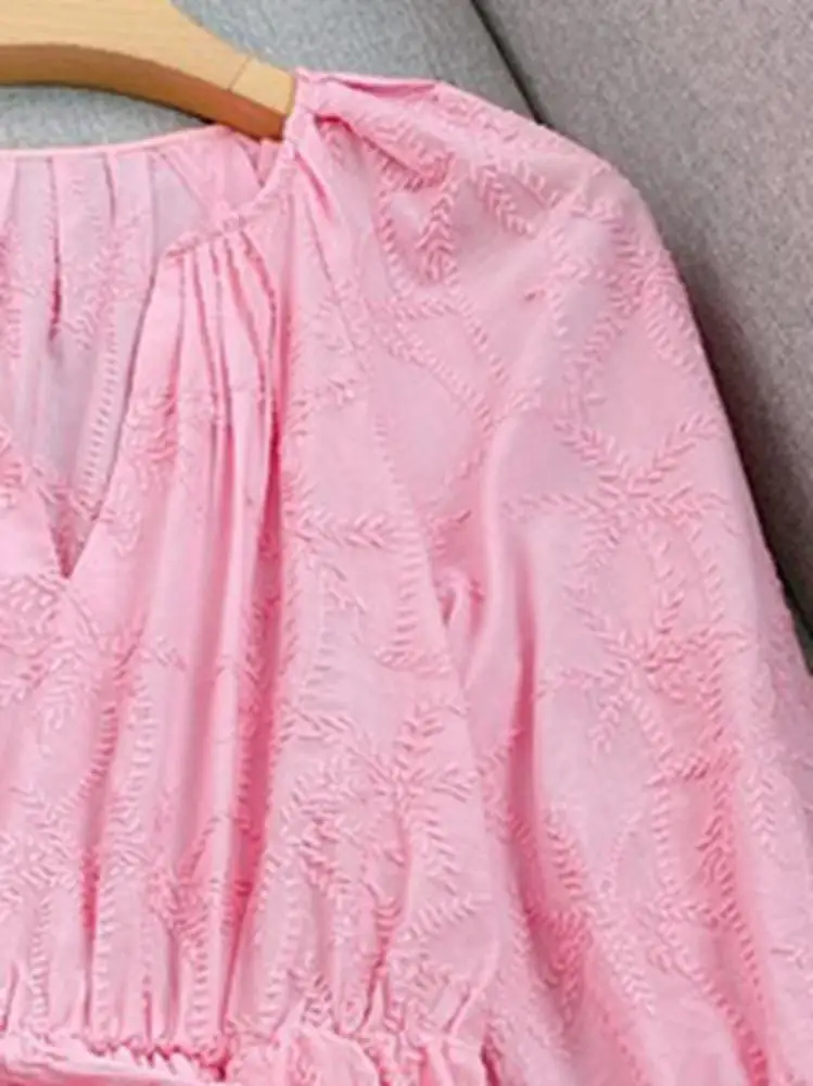 2023 Spring and Summer New Women V-neck Puff Sleeve Embroidered Pink Ruffle Dress