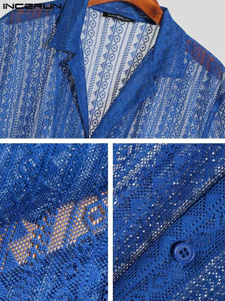Casual Comfortable Lace Tops INCERUN New Men Fashion Hollow Blouse Sexy Male See-through Printing Short Sleeve Thin Shirts S-5XL