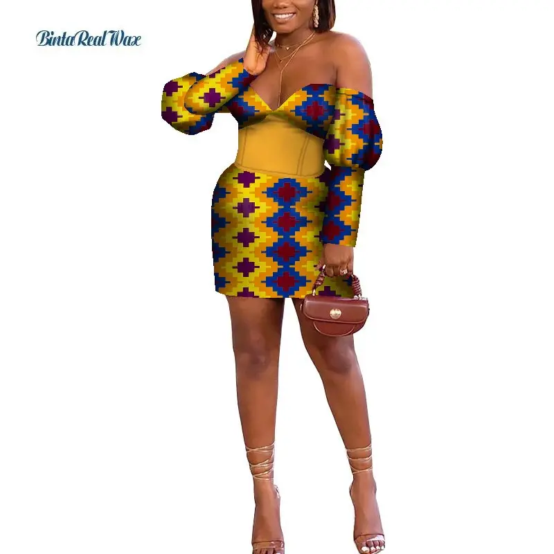 Fashion African Print Sexy Off Shoulder Dresses Vestidos Bazin Riche African Dashiki Dresses African Women Clothing WY8949