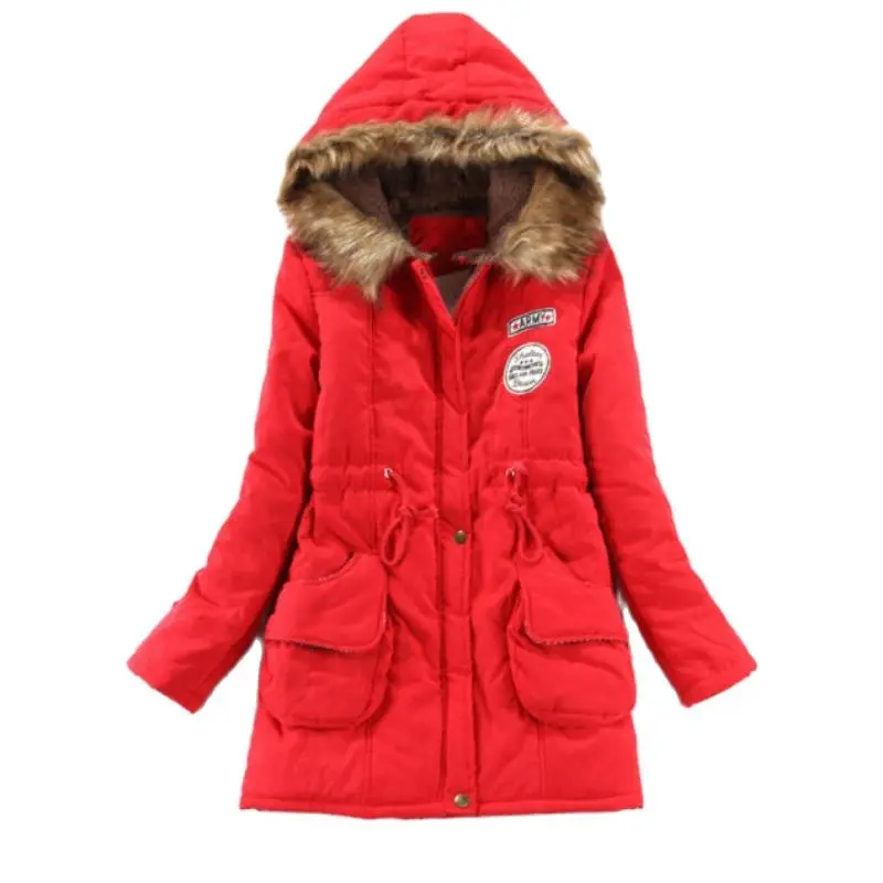 

Long Parka Faux Fur Caps Military Waist Draw String Long Coat