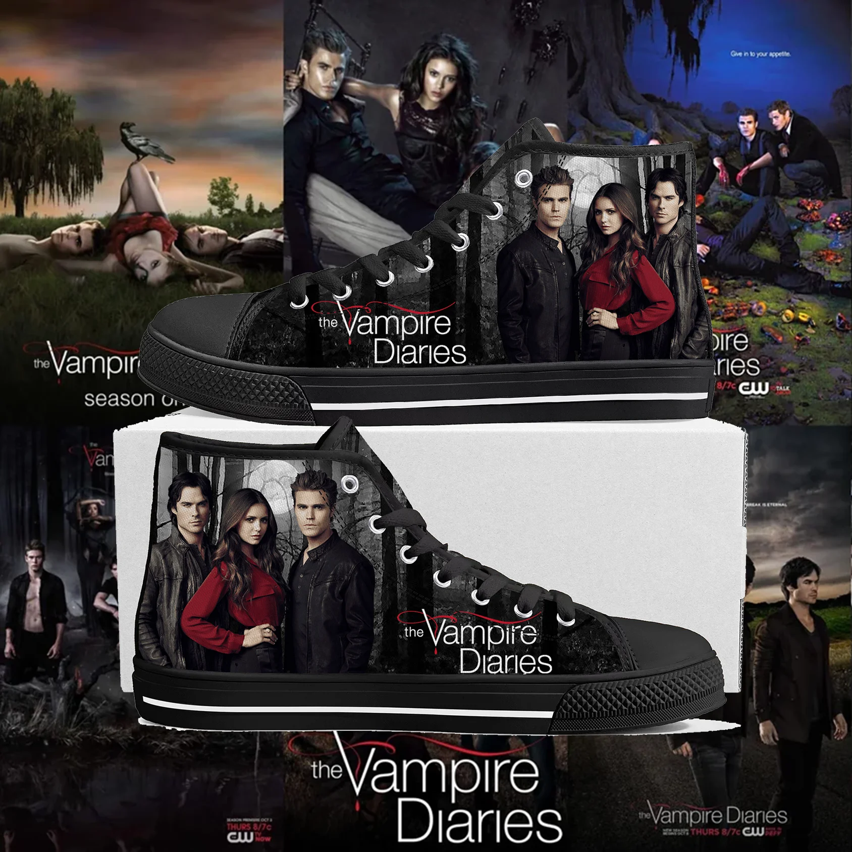 Фото Повседневная обувь The Vampire Diaries, высокие кеды из канваса, слипоны для мужчин, женщин и подростков, высококачественная повседневная обувь на плоской подошве для прогулок №1
