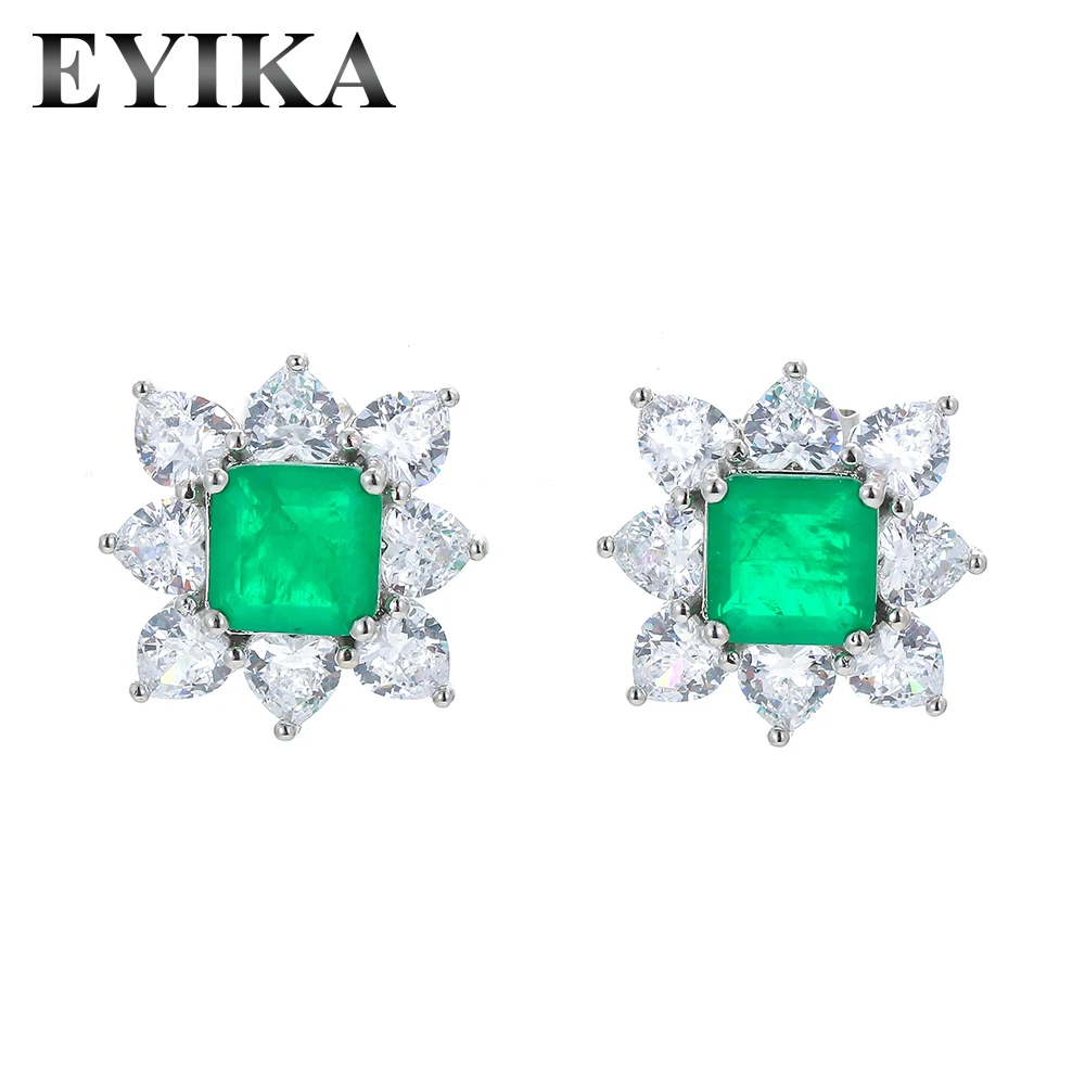 

EYIKA Trendy Square Emerald Stud Earrings for Women Flower Shape Heart Zircon Emerald Fusion Crystal Ear Studs Female Jewelry