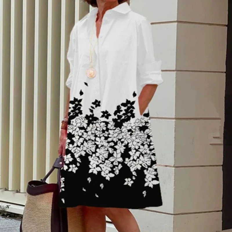 

Women Solid Shirt Dress Summer Fashion Casual Turn-down Collar Pocket Long Sleeve Midi Dresses Female Sexy Dot Dresses