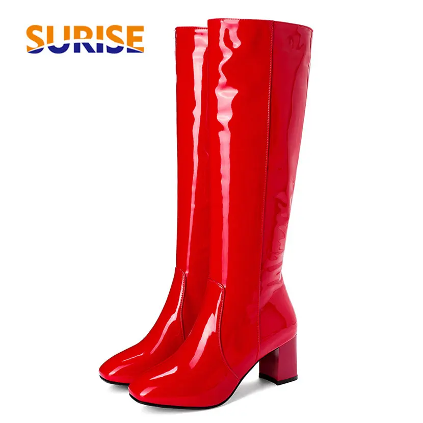 Big Size Women Knee High Boots Red Black Patent Leather Block Heels Party Office Lady Square Toe Autumn Winter Zipper Long Shoes