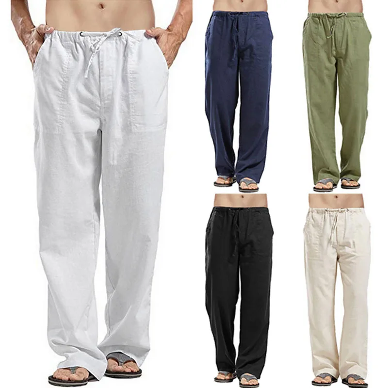 

Men's Linen Casual Pants Summer Seaside Vacation Beach Loose Pants Breathable Comfortable Yoga Drawstring Elastic Sweatpants