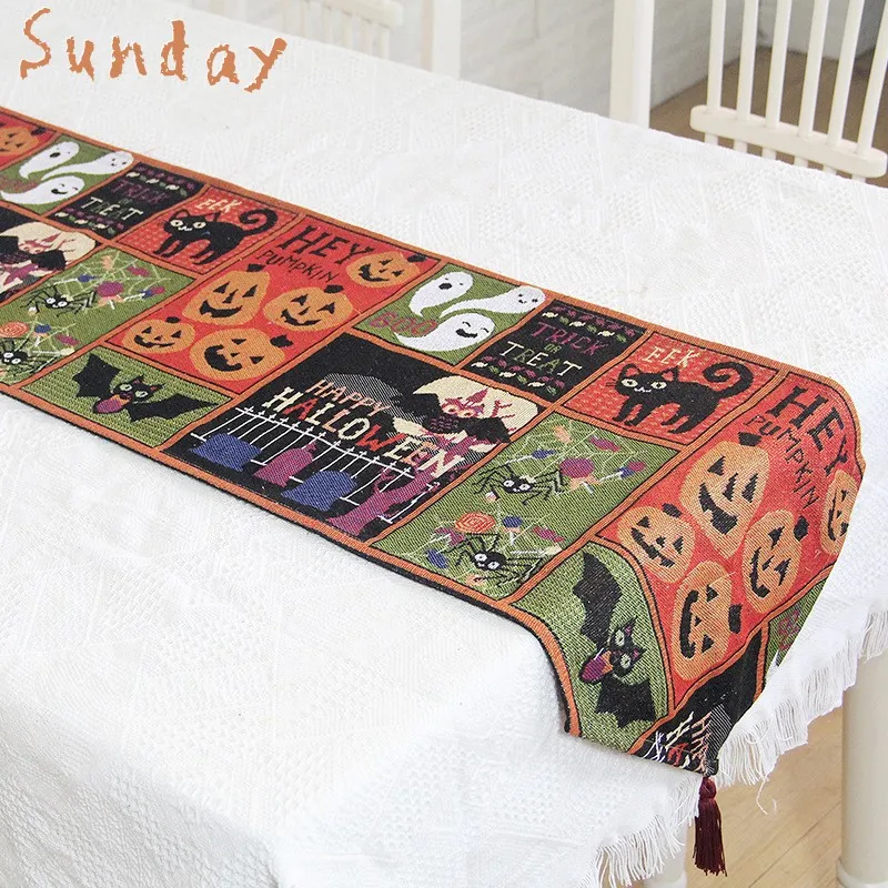 

Cute Pumpkin Tassels Table Runner Halloween Table Decoration Tea Table Cloth Cushion Vintage Black Cat Bat Home Dining-table Mat