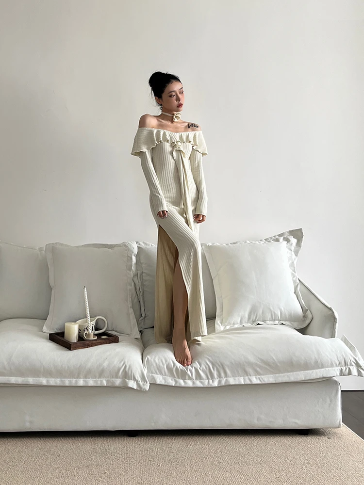 Женское трикотажное платье макси REDDACHiC с открытыми плечами и длинными рукавами