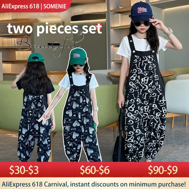

Korean Children's Clothing 2023 Girls Tshirts Heart Print Suspender Pants Two Pieces Suit Junior Girls Top Buttom Set Overalls