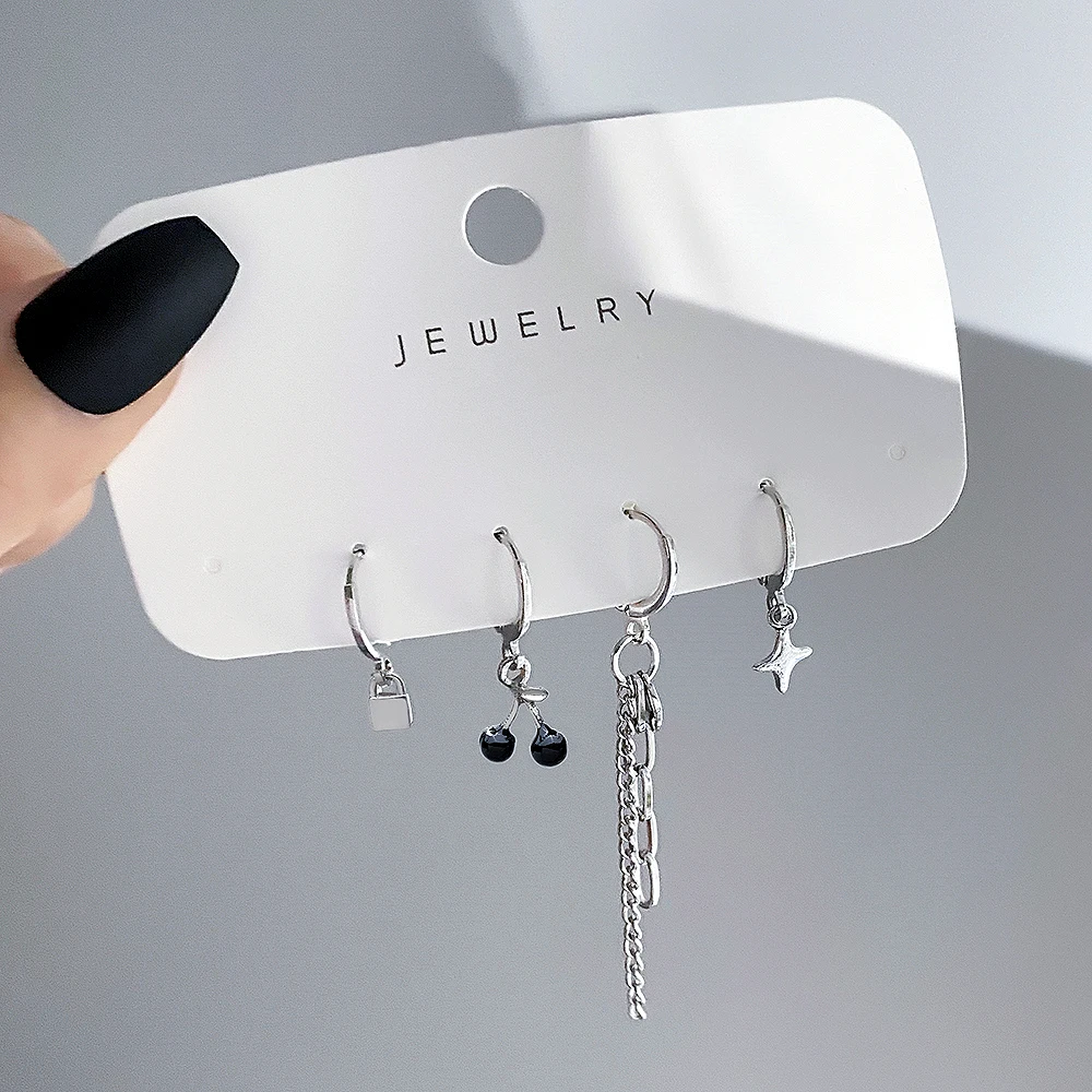 

KISSWIFE New Hiphop Black Cherry Earrings Set For Women Men Silver Color Star Lock Chain Stud Earrings Trendy Jewelry Party 2022