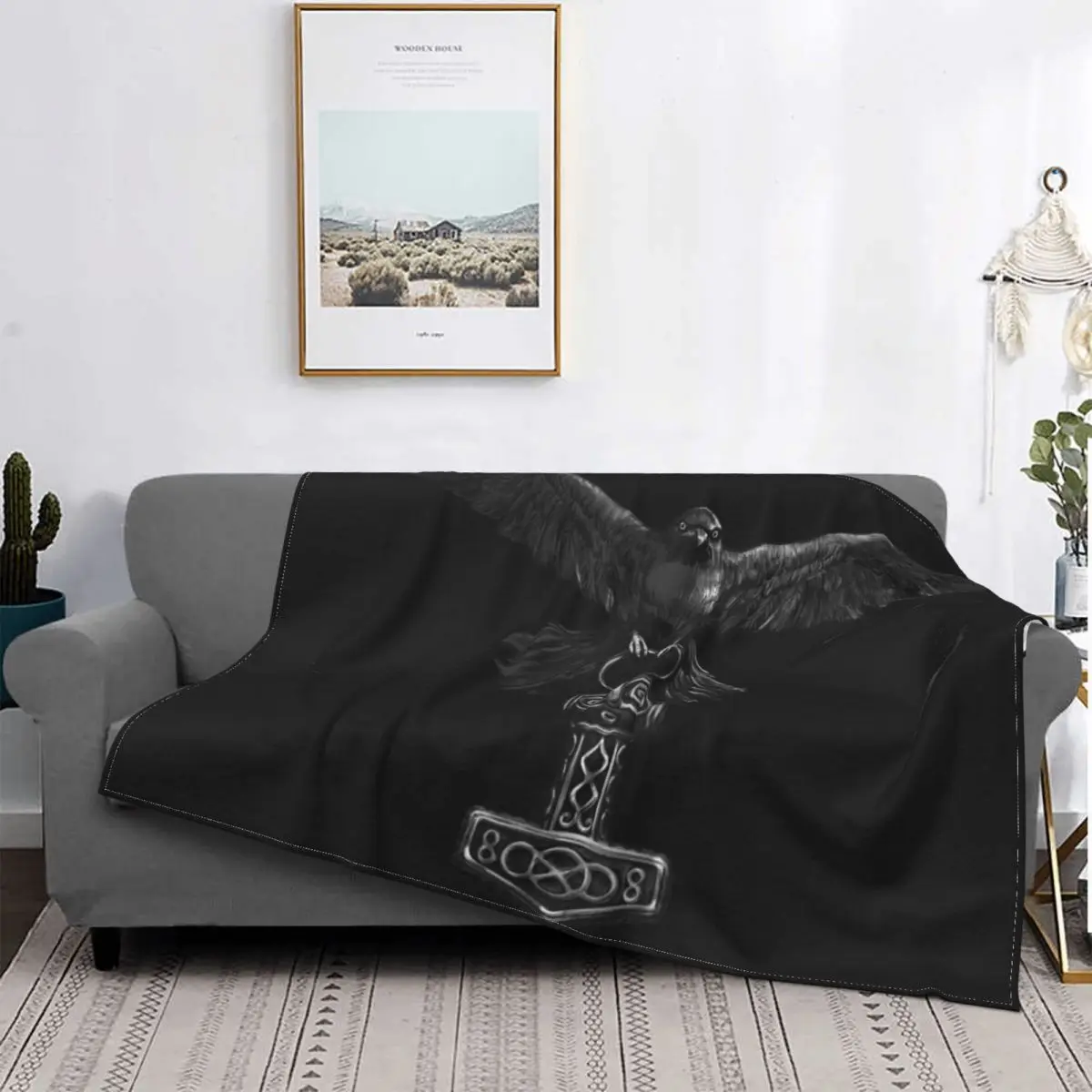 

Vikings Odin Raven With Thor Mjolnir Hammer Blanket Fleece Soft Flannel Norse Odin God Throw Blankets for Bedroom Sofa Office