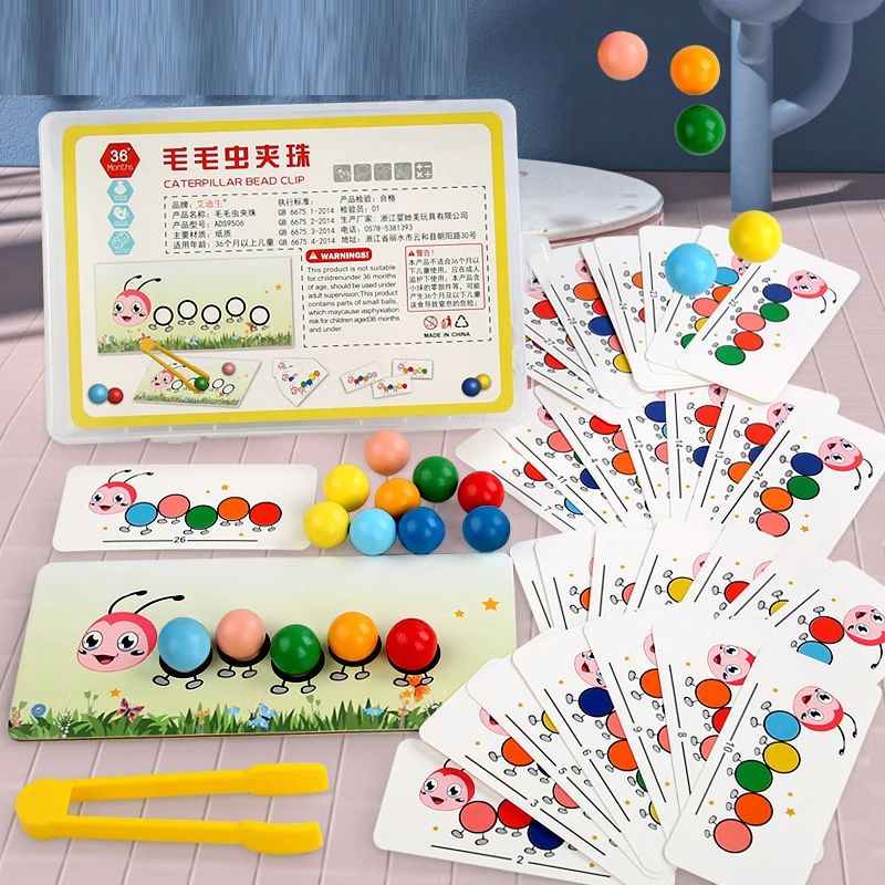 

Wooden Caterpillar Peg Clip Board Beads Game Montessori Toys Color Matching Beads Game Parent-child Interactive Toys for Kids