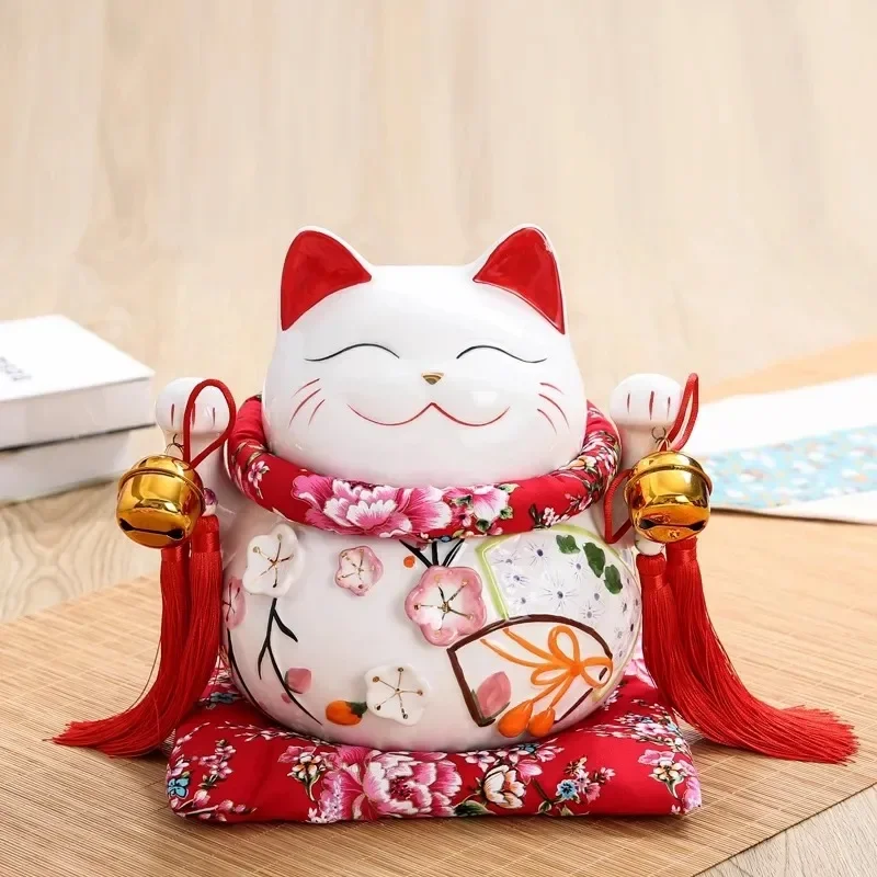 10-дюймовая красная керамическая копилка Manaki Neko Feng Shui Decor Lucky Cat Beckoning