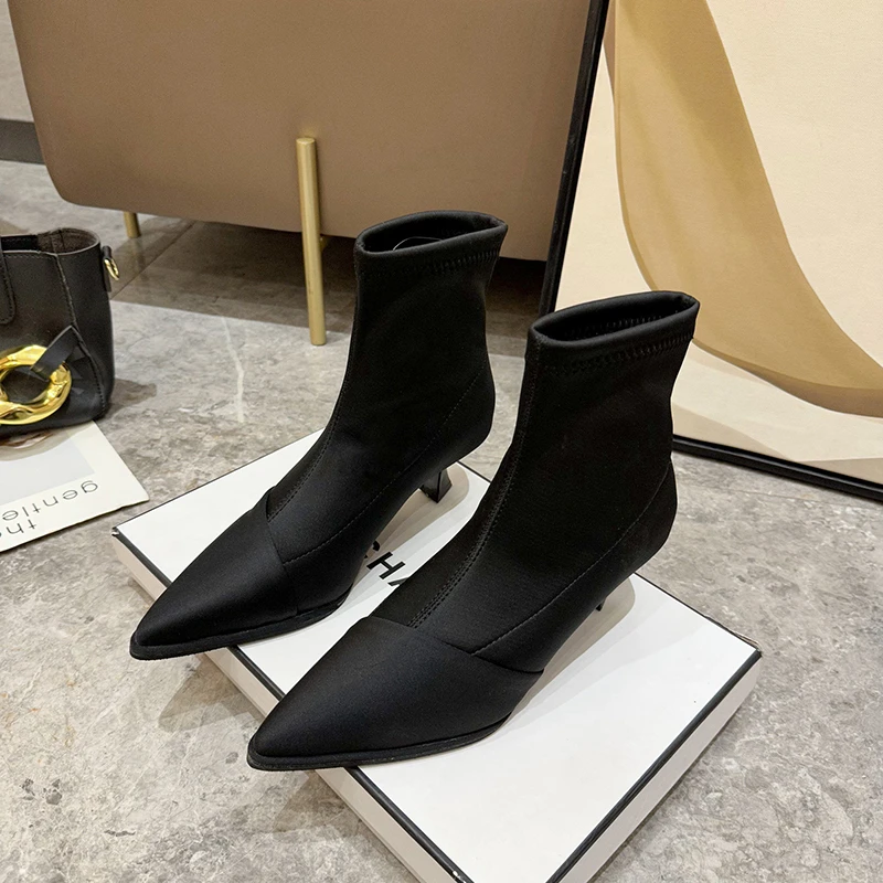 

New Women Elastic Socks Short Boots Pointed Toe Ladies Elegant Thin Heel Slip On Slim Ankle Boot Chelsea Shoes