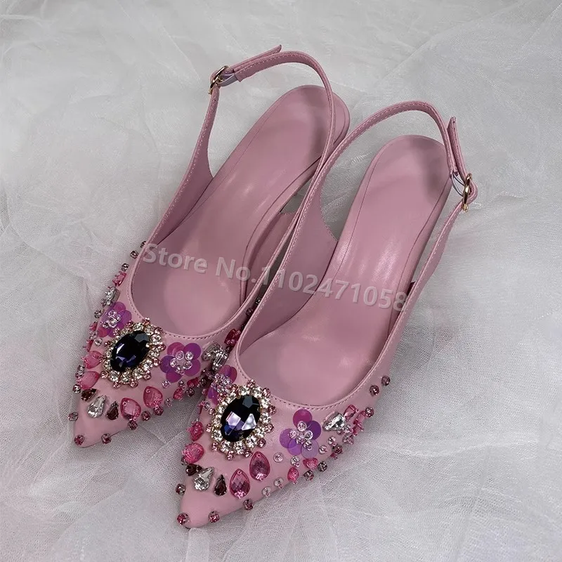 

Pink Rivet Bling Rhinestone Genuine Leather Women Pumps Peep Toe Thin Heels Slingback Shoes Wedding Bride Hight Heels Sandals