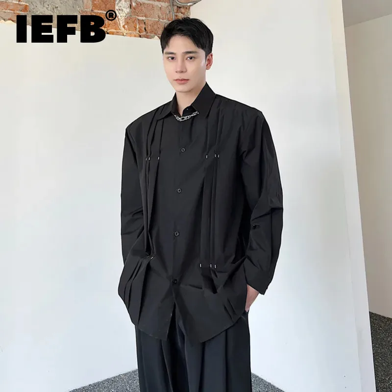 

IEFB трендовая Мужская Осенняя новая рубашка модный кардиган с наплечниками однотонный плиссированный нишевый дизайн Повседневный Свободный Топ 2023 9A7775