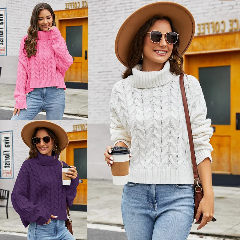 

Thick Fried Dough Twists High neck Sweater Solid casual sweater Women's short loose pullover sweater