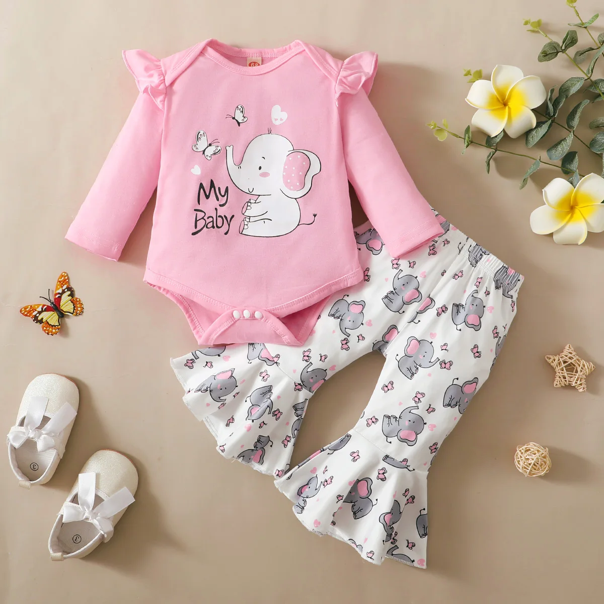 

hibobi Baby Sweet Elephant Ruffled Decor Long-sleeve Jumpsuit Pants Baby Clothes Autumn Baby Clothes New Born
