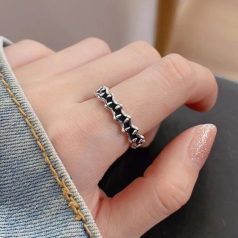 

925 Sterling Silver Retro Teeth Wave Vintage Gothic Adjustable Rings For Women Trendy Cool Jewelry Accessories