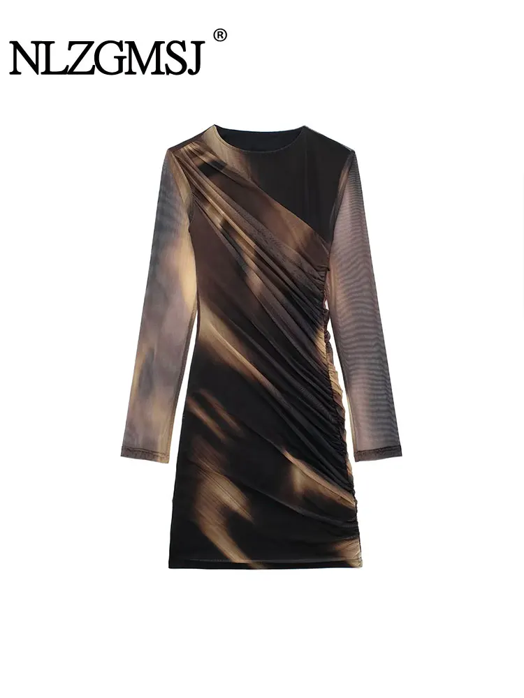 

Nlzgmsj TRAF 2023 осеннее летнее женское сексуальное облегающее платье с круглым вырезом, Сетчатое мини-платье с принтом, женское вечернее платье с длинным рукавом