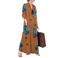 african print shirt dress for women linen cotton clothing 2022 spring summer casual vintage oversized long maxi dresses