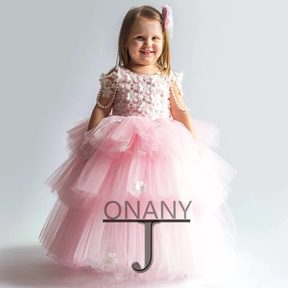 

JONANY Cute 3D Flowers Flower Girl Dress Pearls O-Neck Tulle Backless Tiered Dress Little Girl Princess Roupas De Florista