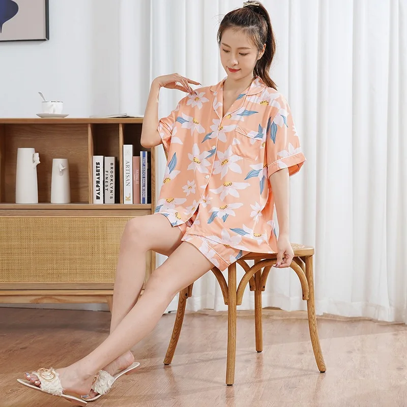 2023 New Pajamas for Women Summer Thin Short-sleeved Shorts Students Cartoon Comfortable Home Service Suit with Turn-over Collar