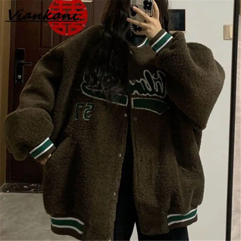 

[Thick warmth] Lamb Wool Coat Women 2022 New Korean Winter Loose Unisex Furry Padded Jackets Vintage Hip hop Thick Bomber Jacket