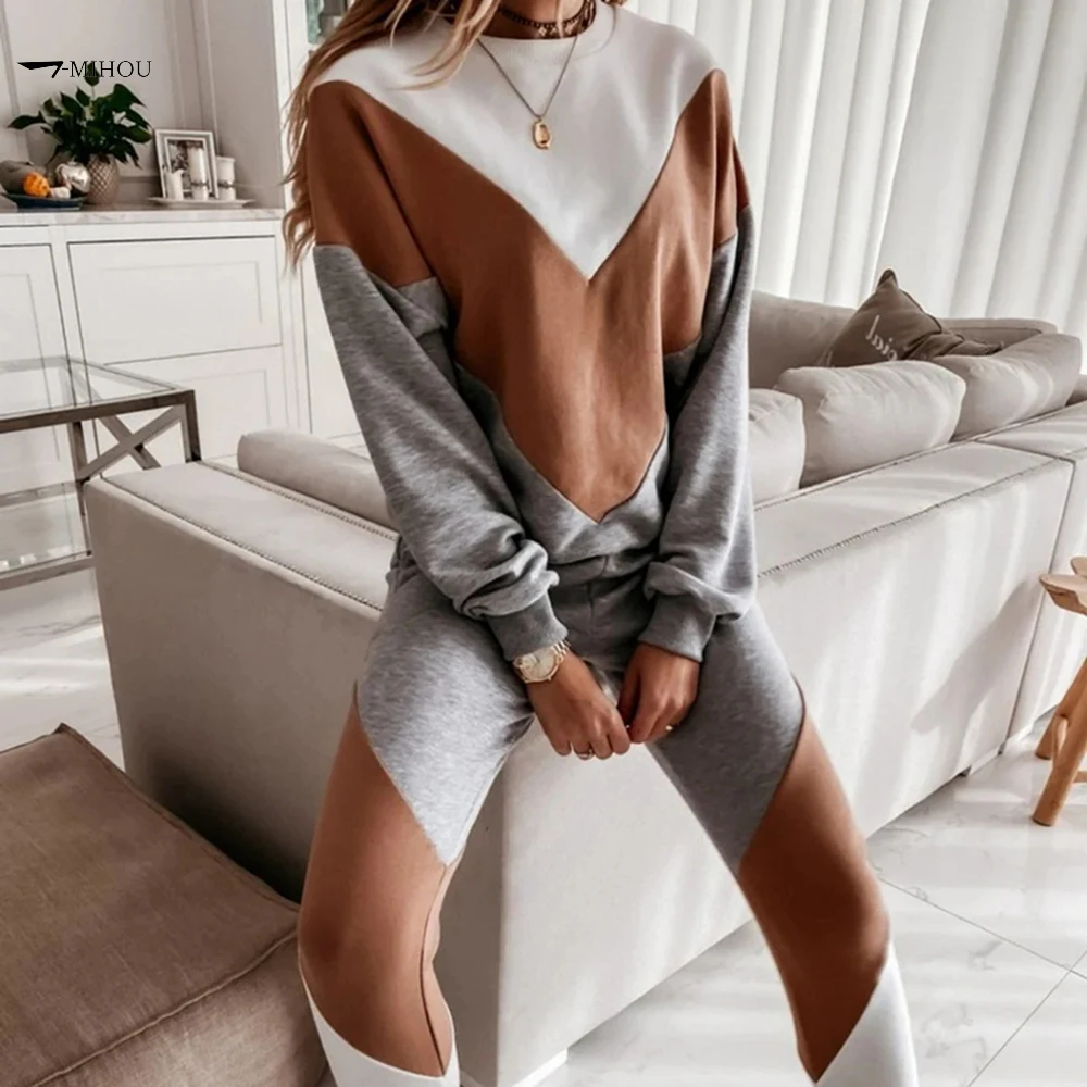 

Women Winter Autumn Sport Suits Tracksuits Splicing Femme Two Piece Sets Sweatshirt Top Loose Casual Long Pants Jogging Suits