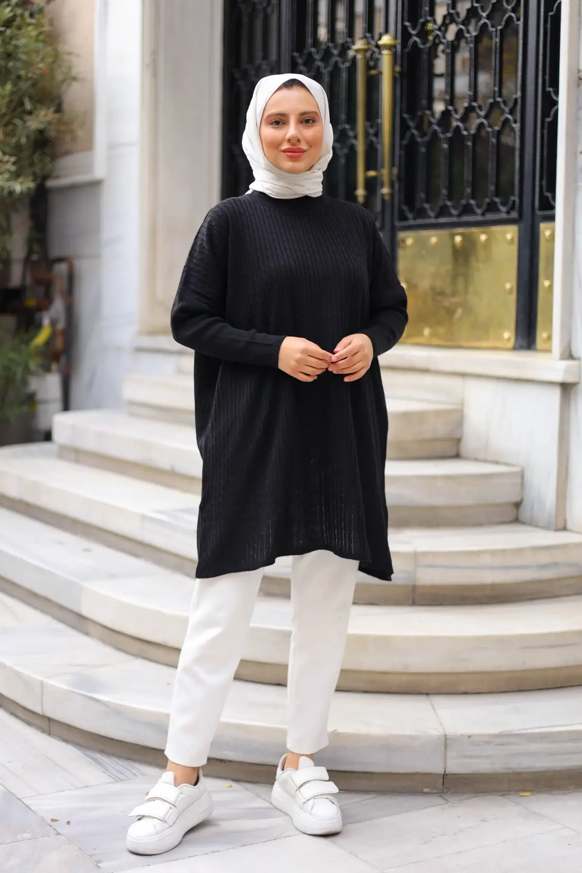 

Женская Черная Плетеная водолазка, трикотажная одежда, свитер-туника, прямая Длинная хиджаб-блузка и одежда