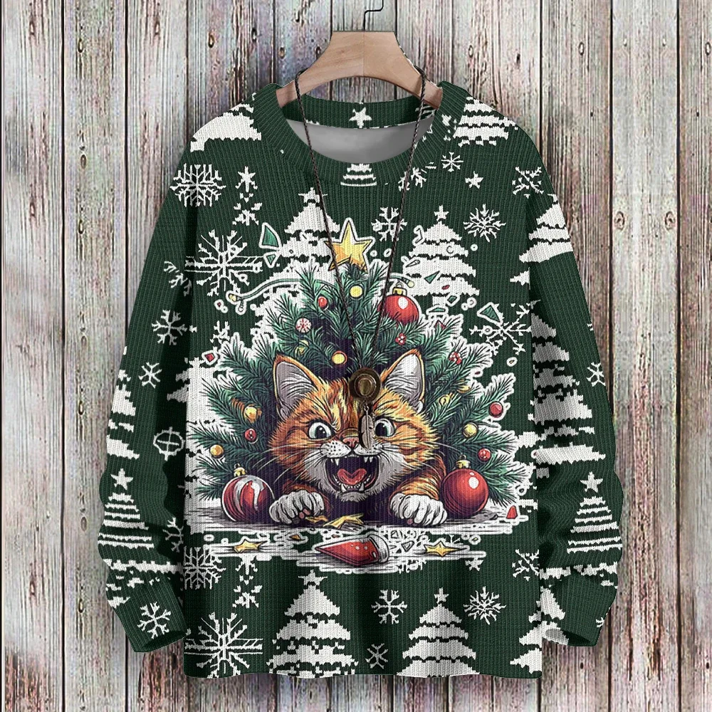 Толстовка Сюрприз Cat Fair Isle Christams Harajuku уличная одежда в стиле хип-хоп Kawaii зимняя