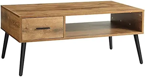 

Table, Mid Century Modern Style Cocktail Table TV Stand with Drawer, Open Storage Shelf, Stable Floor-Anti-Scratching Pine Leg f