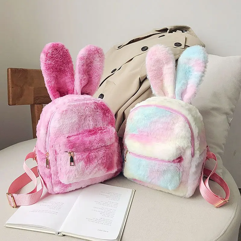 

Rabbit's Ears Style Design Short Plush Women Lady Children Furry Colorful Backpack Shoulders Bags School Kid Girls Knapsack Bag