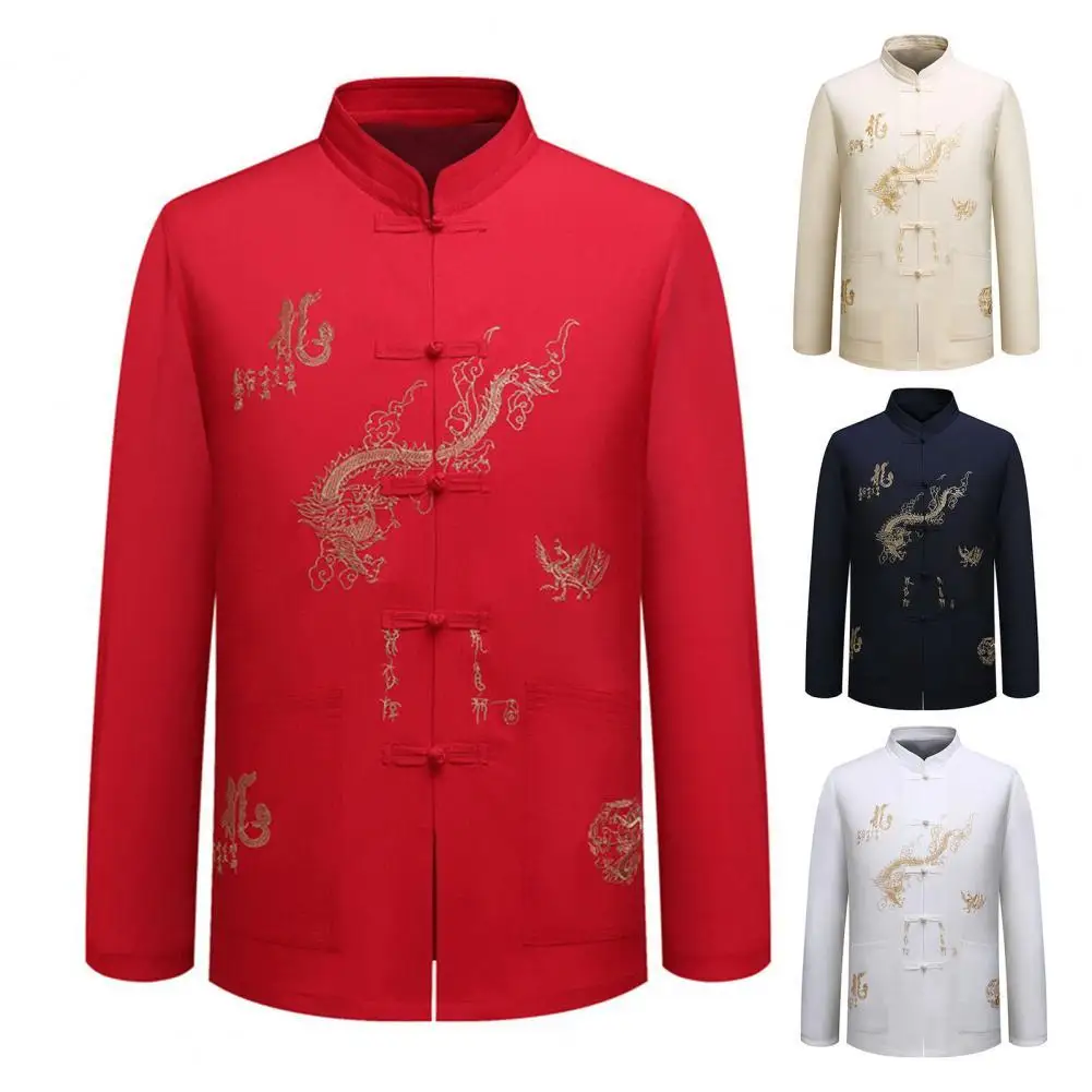 

Faddish Stylish Embroidery Tang Style Men Shirt Washable Casual Men Shirt Chinese Embroidery Men Shirt for Street Wear