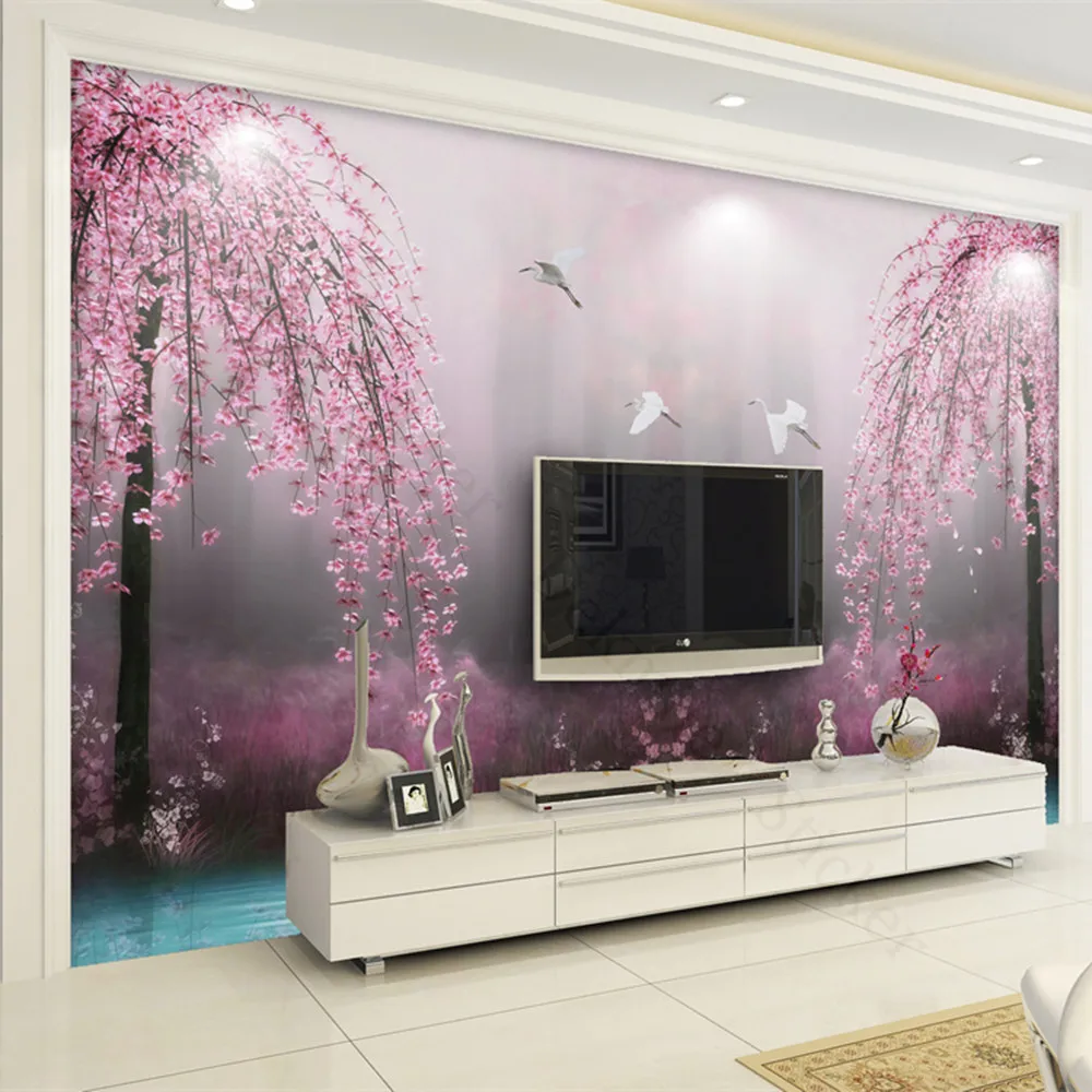 

Фотообои на заказ с изображением белых цветов, розового вишневого дерева, современные модные 3D обои для гостиной, фона под телевизор, больши...