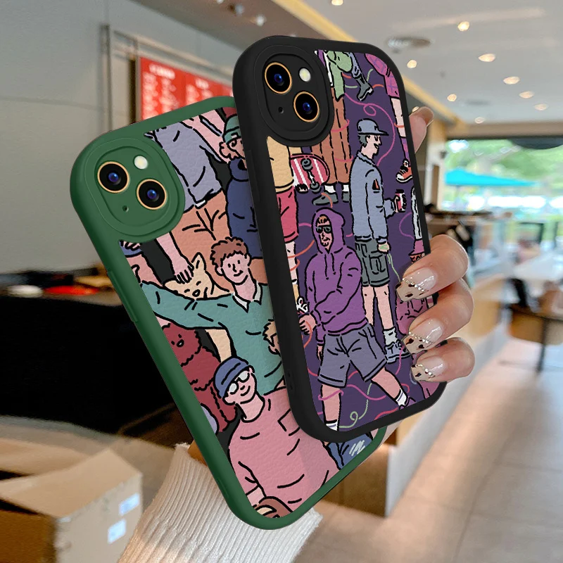 

Lambskin+TPU Phone Case for iPhone 14 11 12 13 Pro Max Plus Mini 6 6S 7 8 SE2 SE3 X XR XS Illustration Cool Boy Shockproof