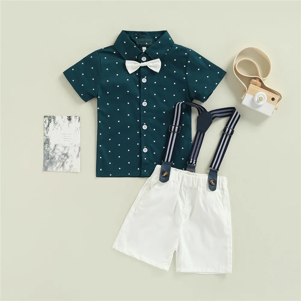 

Baby Boy Gentleman Clothes Set Bowtie T-Shirt Star Print Tops White Suspender Shorts 6M-5Y Toddler Kids Children Summer Outfits