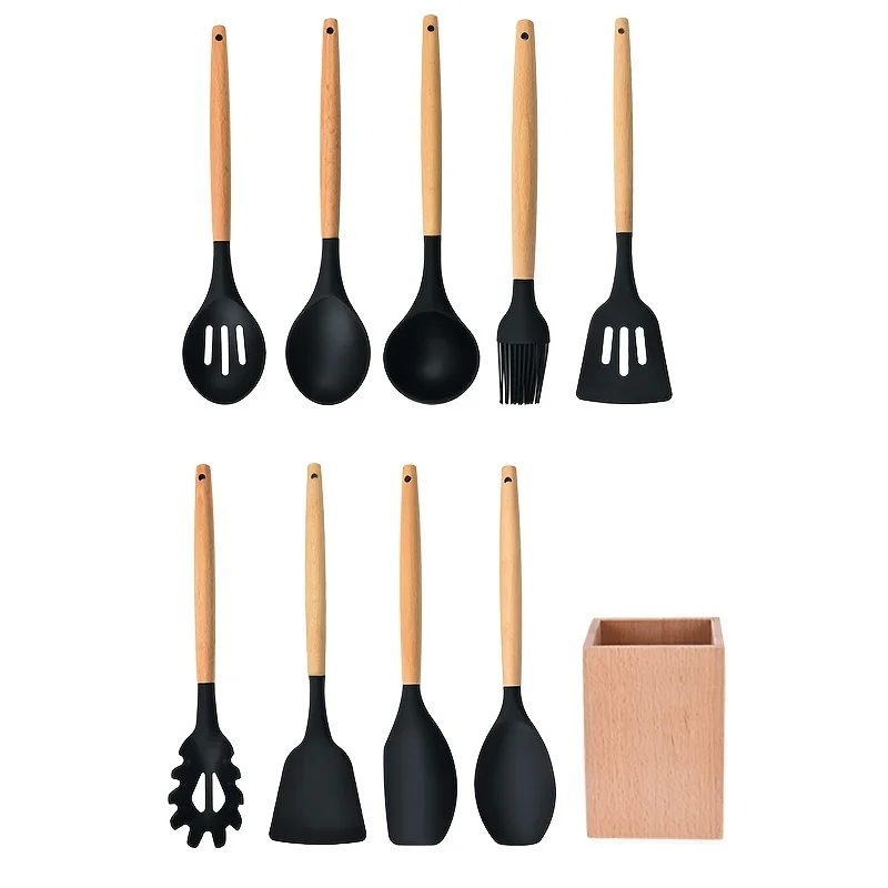 

Набор силиконовых кухонных принадлежностей 10 шт., ложка из силикагеля с деревянной ручкой, специальный шпатель размешивающий, не прилипающ...