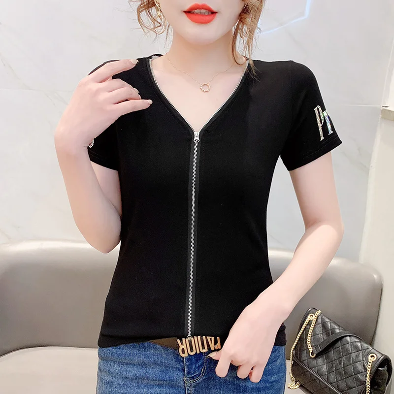 

#7116 Black Streetwear T-shirt Women V Neck Zipper Sexy Tight T-shirt Femme Diamonds Spliced Mesh Women's T-shirt Short Sleeve