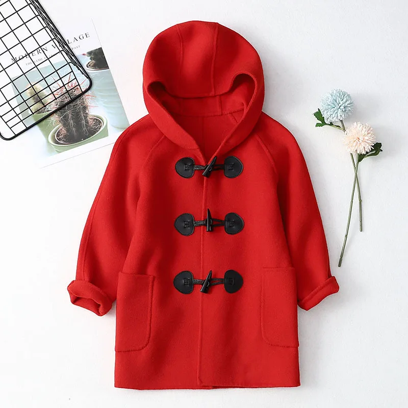 

Girls Double-sided Cashmere Coat New Children's Hooded Red Woolen Overcoat Loose Teen Kids Woolen Jacket