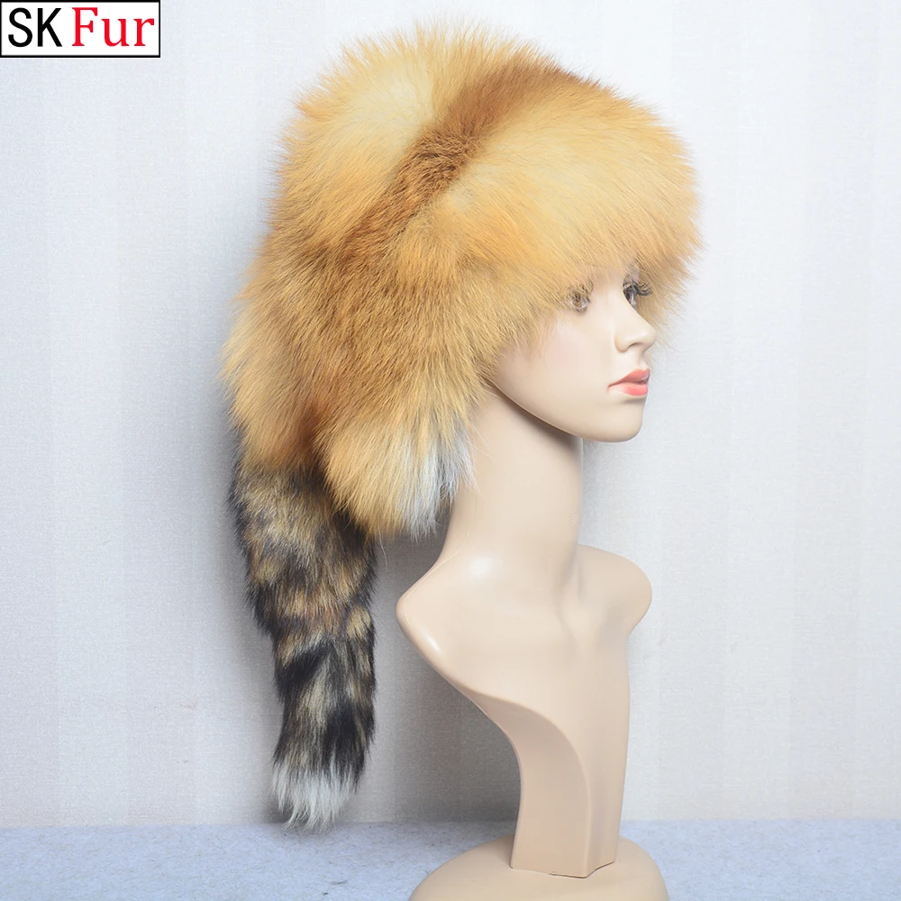 Real Fox Fur Hats For Women Winter Fashionable Stylish Russian Thick Warm Beanie Hat Natural Fluffy Fur Hat With Tail Bomber Hat