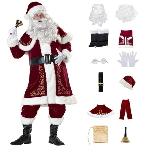 Набор из 12 предметов, бархатный костюм Санта-Клауса для мужчин и женщин, костюм Санта-Клауса, Рождественский маскарадный костюм для рождественской вечеринки, Рождественский костюм для косплея