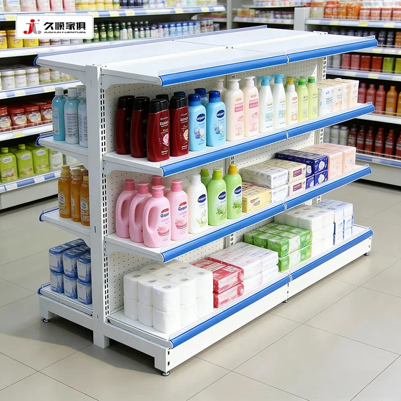 Фото Металлические двухсторонние стеллажи для супермаркетов Custom.JIUSHUN White Gondola Estantes Display Grocery Retail №2