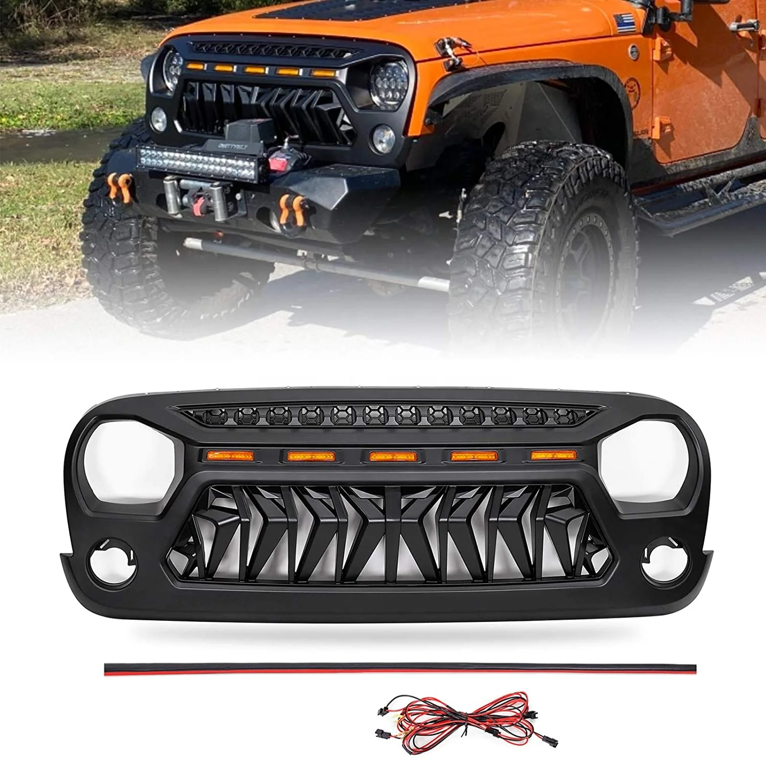 Решетка для Jeep Wrangler JK Аксессуары 2007-2017 Матовый черный Angry Face Grill с 5 янтарными