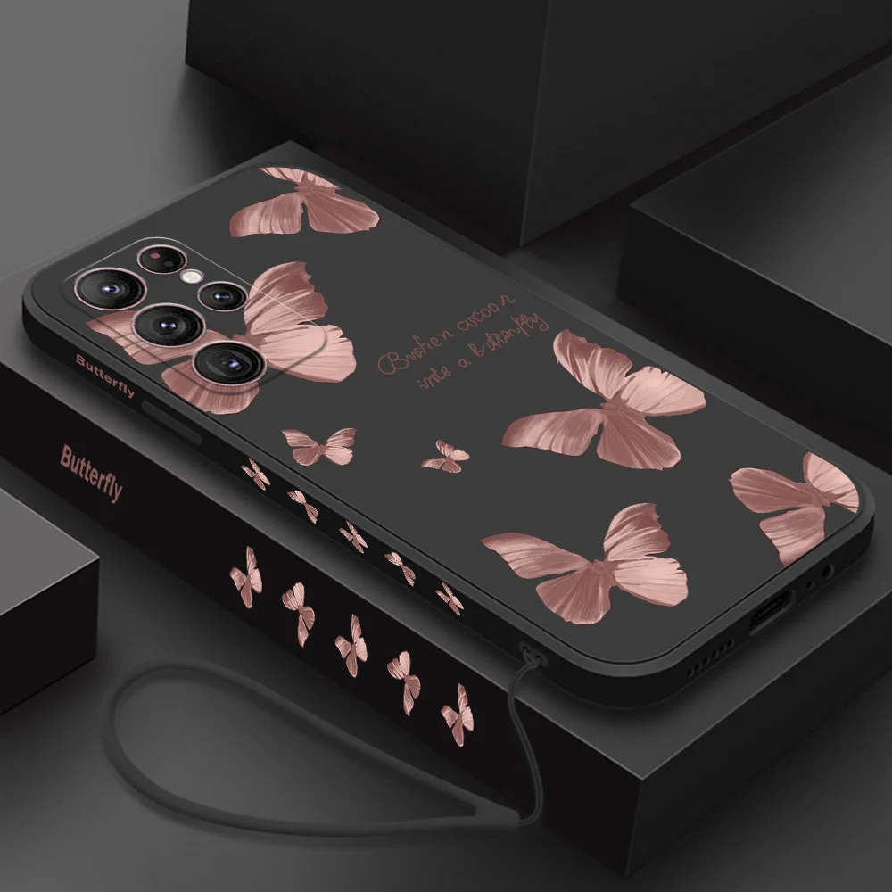 

Butterfly Phone Case for Samsung Galaxy A53 A73 A52 A52S A72 A33 A13 A32 A23 A22 5G Back Cover Liquid Flower Case with Lanyard