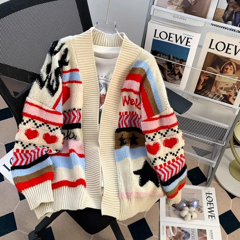 

Женский винтажный жаккардовый кардиган, плотный вязаный жаккардовый однобортный Свитер оверсайз, жакеты, Осень-зима 2023