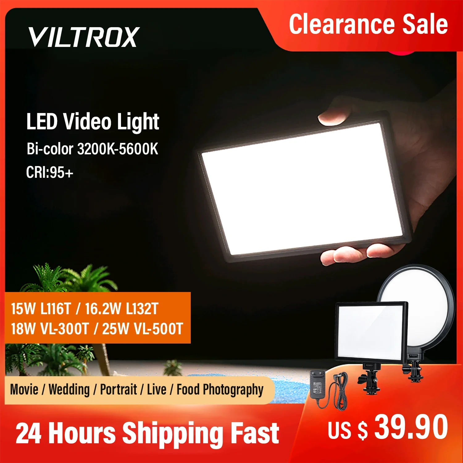

VILTROX 16W Camera LED Video Light Bi-Color Dimmable Fill Light Lamp With 2M AC Power Adapter for Canon Nikon DSLR Camcorder
