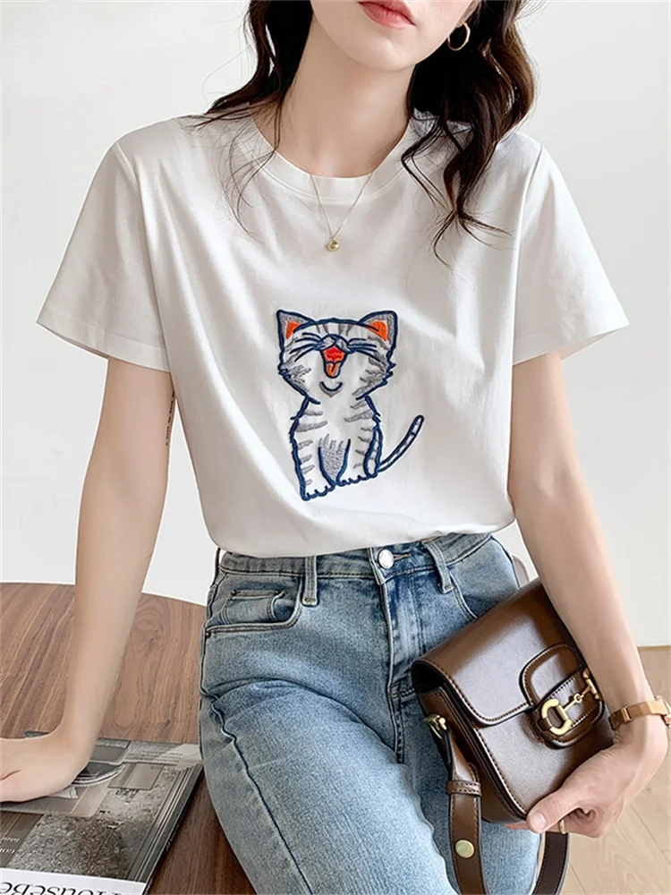 

Dinboa-2022 Embroidery Woman Tshirts Y2k Tops 2022 Summer Korean Fashion Graphic t Shirts O-neck Casual Harajuku Clothing Loose
